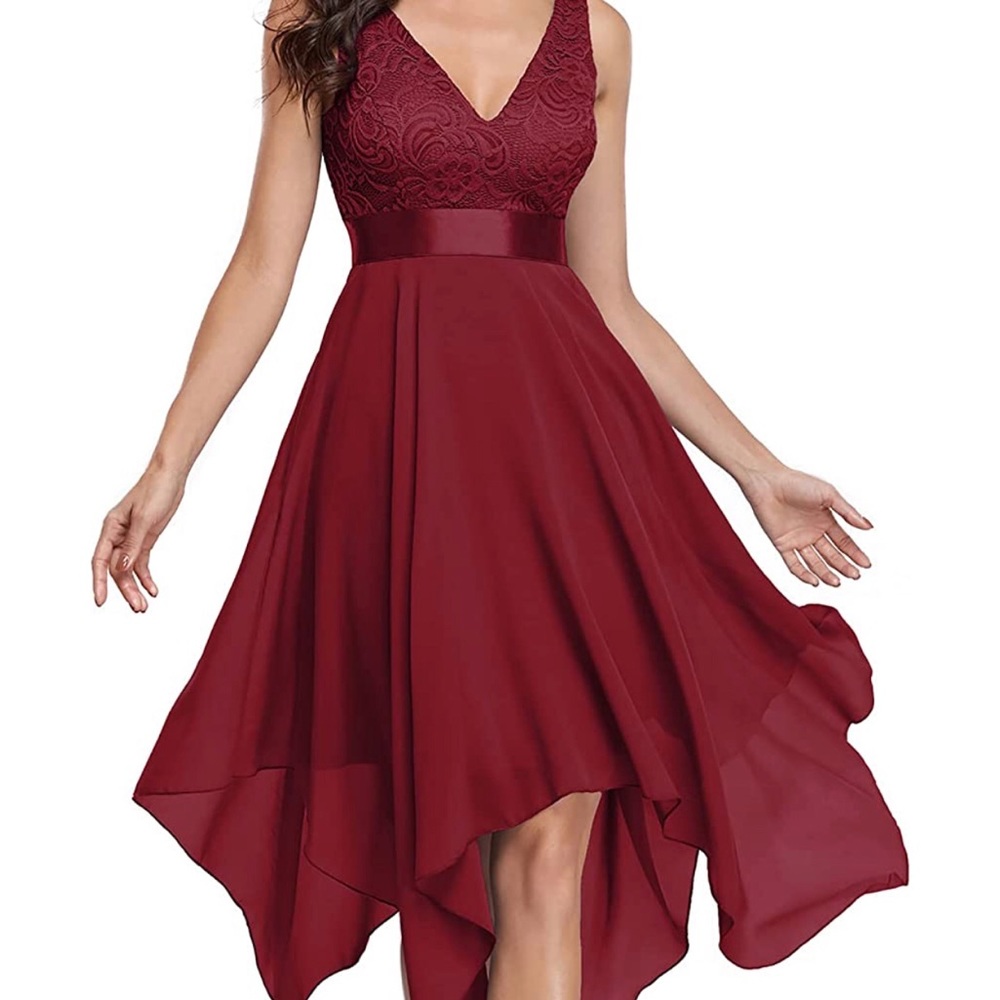 Ever-Pretty Womens Deep V Neck A Line Lace Chiffon Cocktail Dress - Burgundy